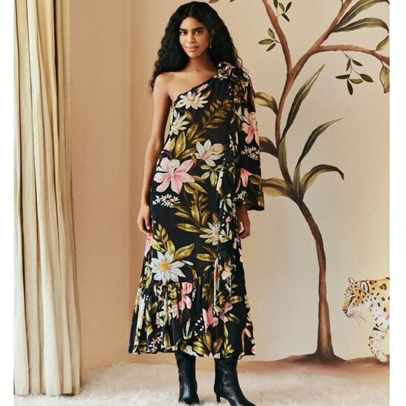 NWOT Farm Rio Black Surreal Flowers One-Shoulder Maxi Dress XS